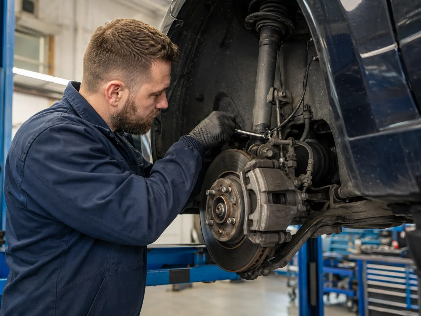 Mekaanikko korjaa autoa